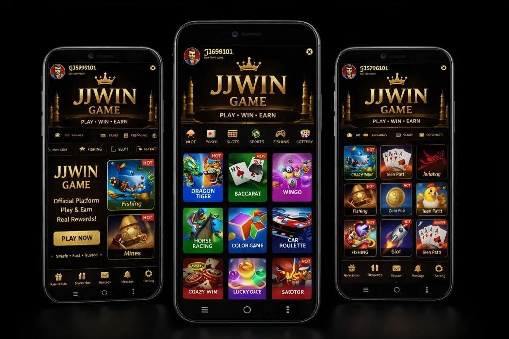 JJWIN Game mobile app interface showing multiple casino and slot games on three smartphone screens.