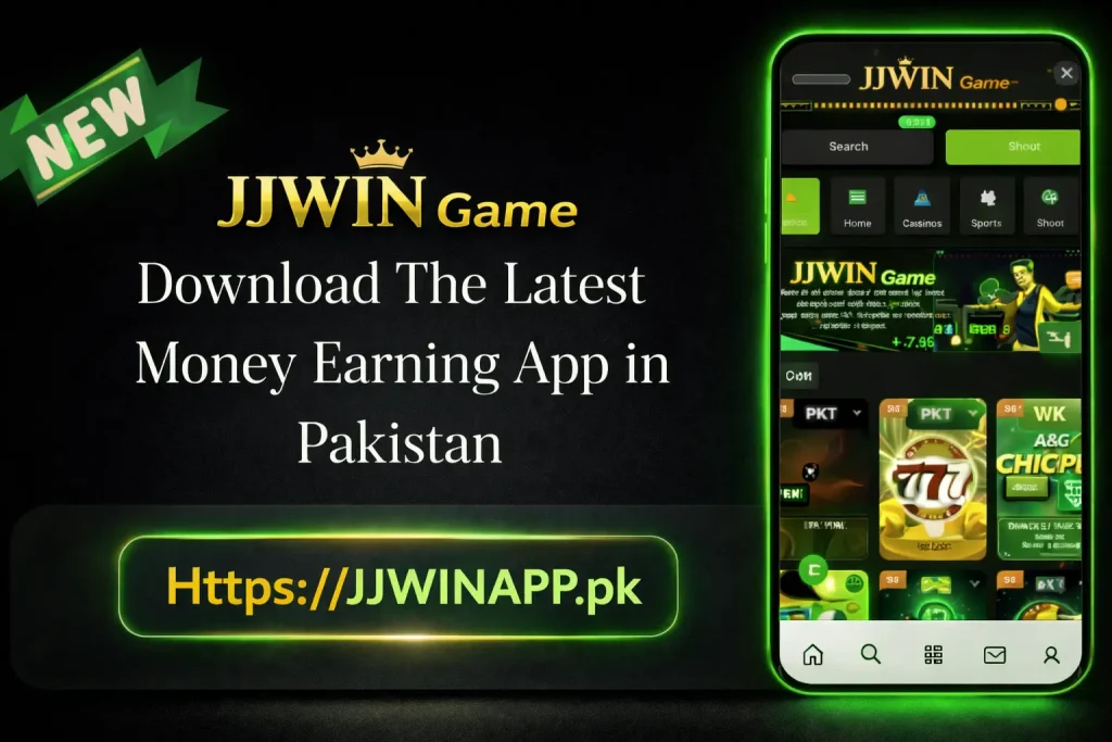 JJWIN Game promotional banner showing mobile app interface with download link and money earning app in Pakistan.