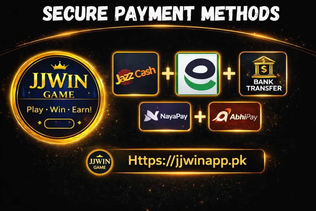 JJWIN Game secure payment methods banner showing JazzCash, EasyPaisa, bank transfer, NayaPay, and AbhiPay options.